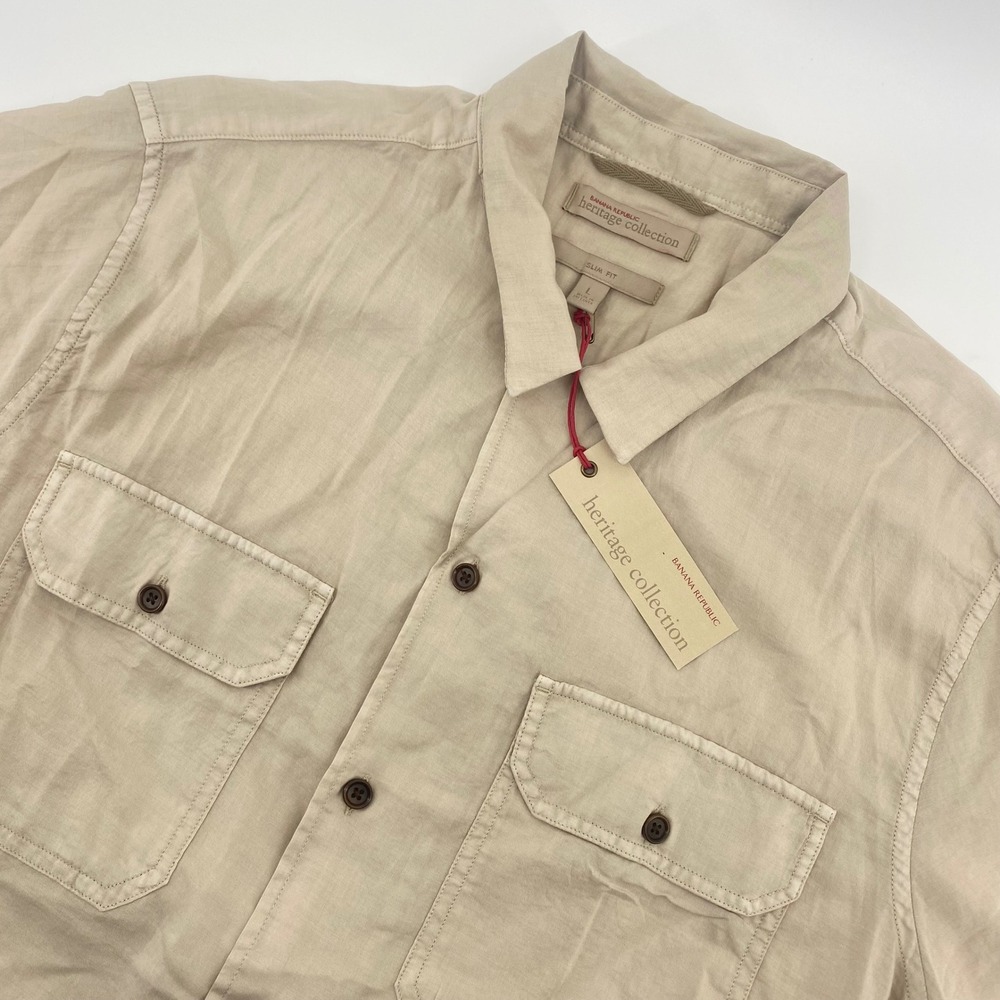 Banana Republic Button Down Men L Tan Heritage Collection Slim Fit Utility Shirt